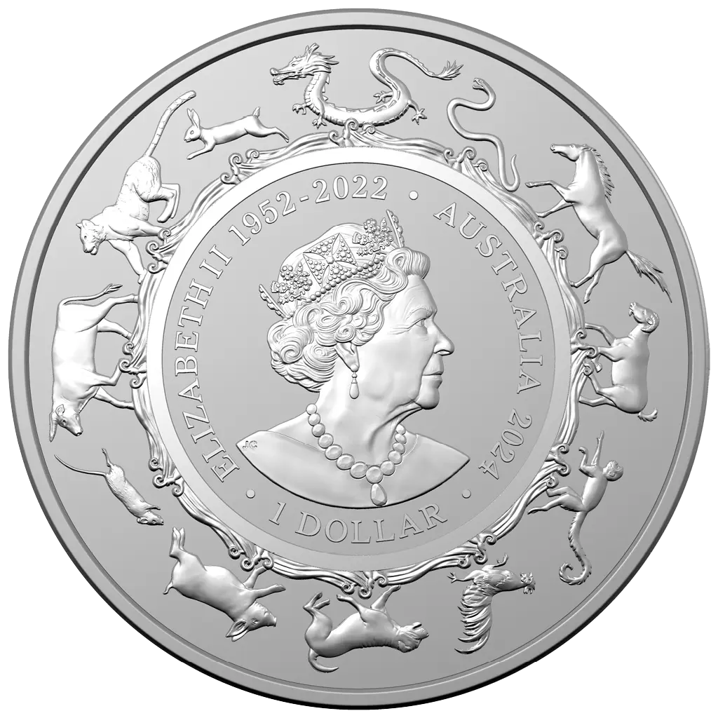 Stříbrná mince Lunární série Year of the Dragon (Rok draka) 1 Oz 2024 (Lunar RAM)