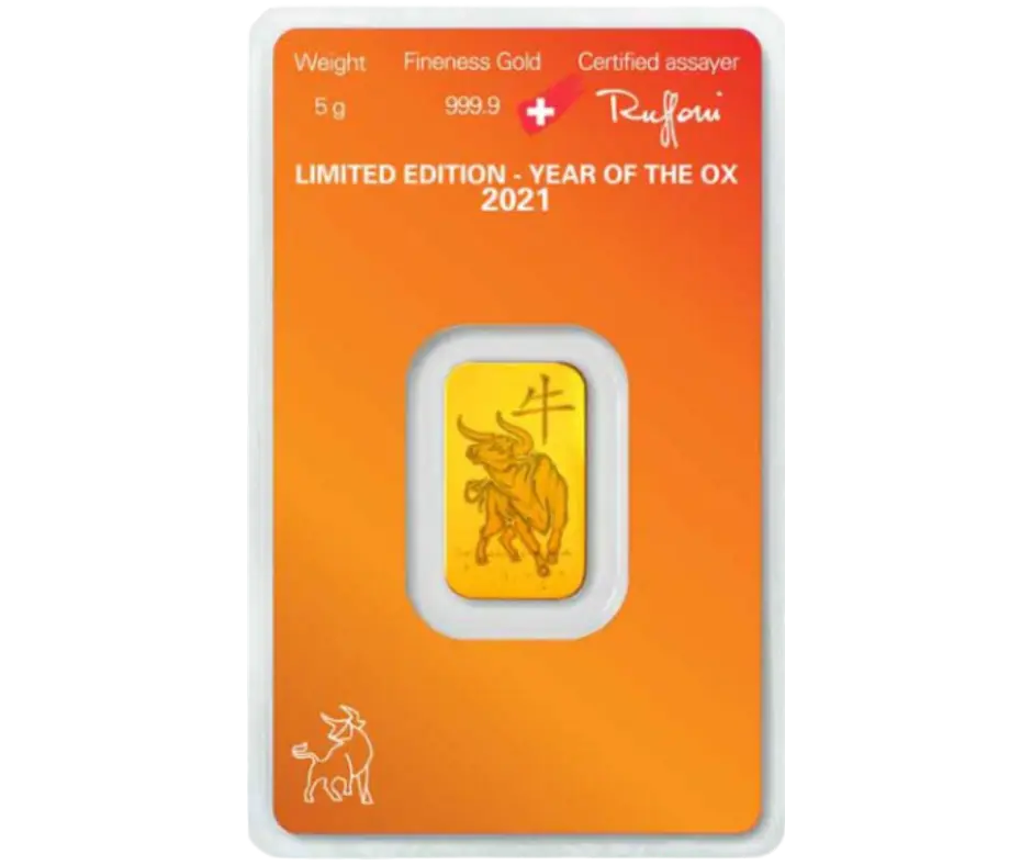 Investiční zlato - zlatý slitek 5g Argor Heraeus SA Year of the Ox (Rok buvola) 2021 Limited Edition