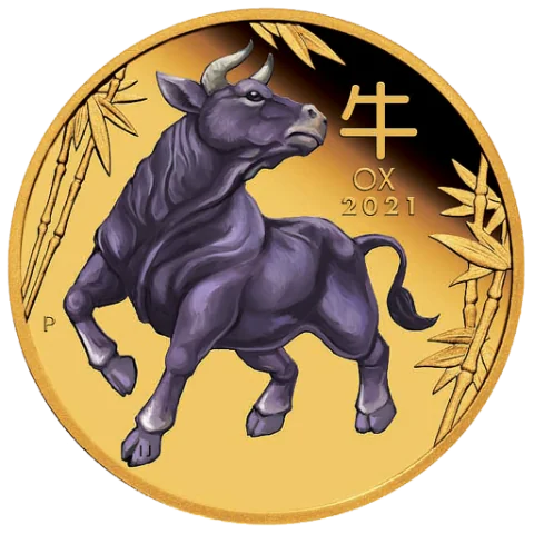 Lunární série III. - exkluzivní zlatá mince Year of the Ox (Rok buvola) 1 Oz 2021 Color PROOF